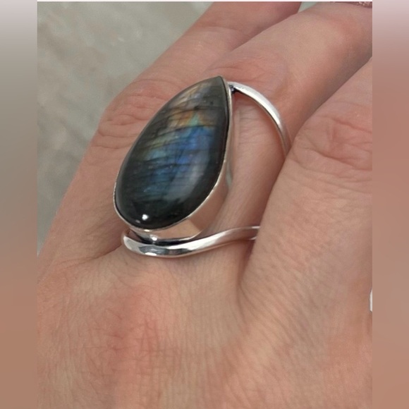Jewelry - Flash Labradorite Big Ring Size 9 Sterling Silver 925 Ring Pear Handmade New